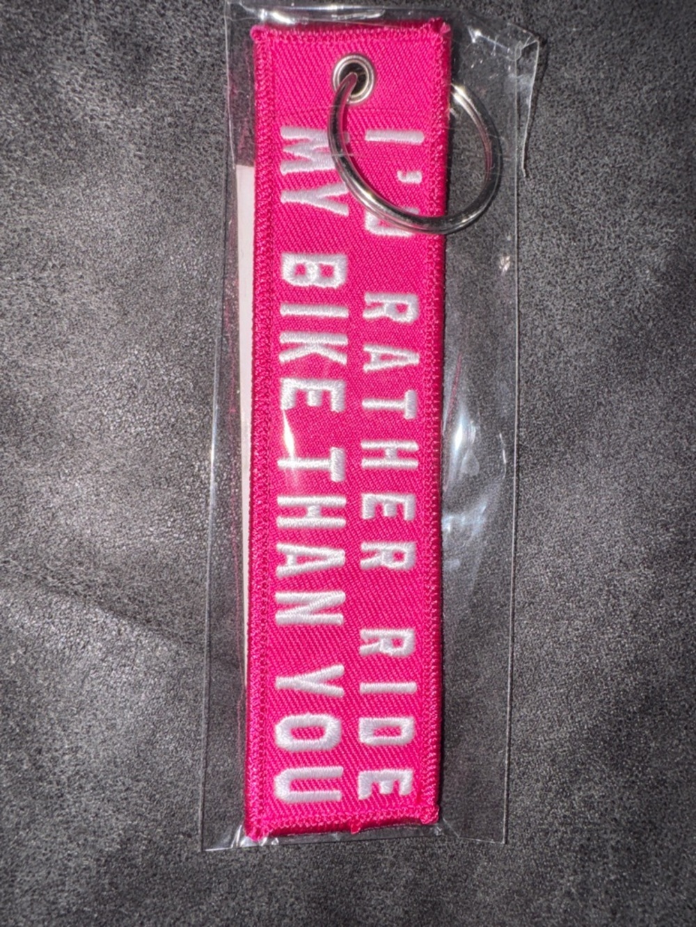 Funny Hot Pink Embroidered Keychain - "I'd Rather Ride My Bike Than You"